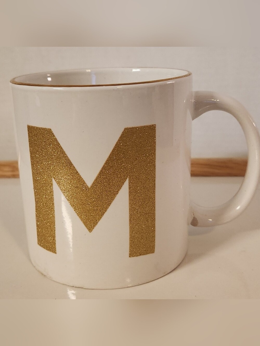 NWT Tri-Coastal Design 2017 Gold Glitter Monogram Letter M White Ceramic Mug